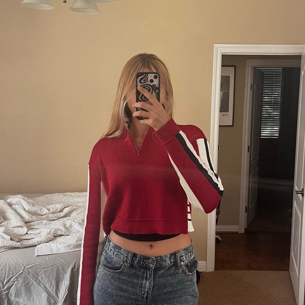 BRANDY MELVILLE red/burgundy jacket with white + navy stripes on sides, one size